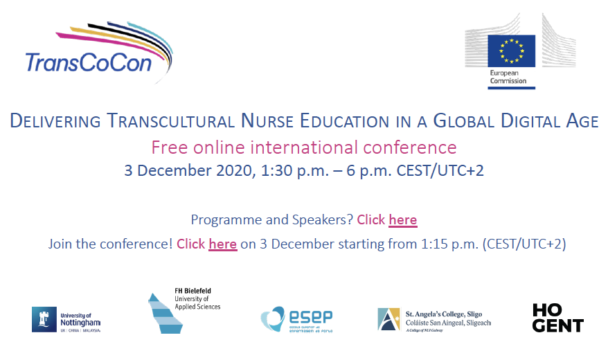 3 December 2020, 1:30 pm – 6 pm CEST/UTC+2 : Delivering Transcultural Nurse Education in a Global Digital Age (Free online international conference)
